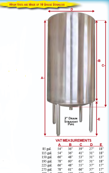 500 Gal Vertical Milk/Wash Vat only, no lid